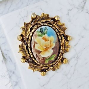 Victorian Cameo Flower Brooch Pendant Vtg Yellow Rose Floral Estate Jewelry Pin